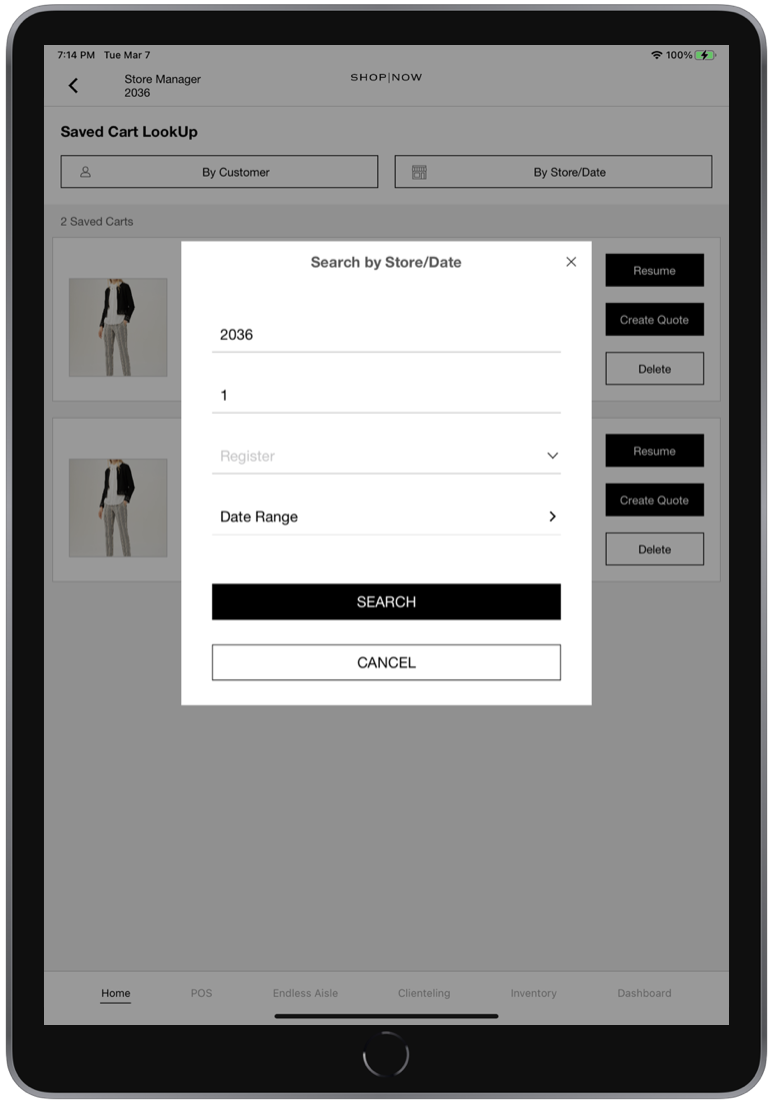 The POS app shows the option to search by store and date.