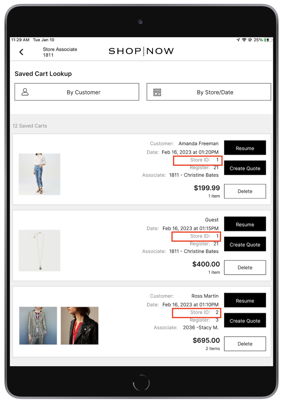 The POS app shows a list of stored carts filtered by store IDs 1 and 2.
