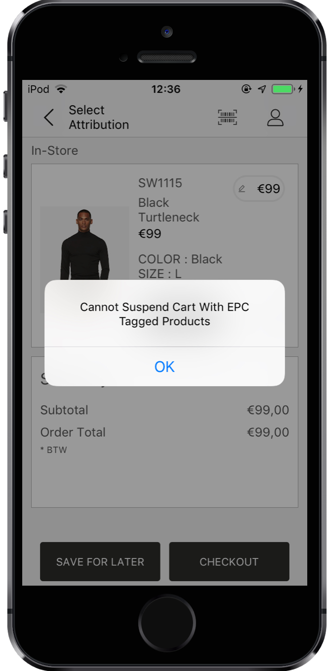 The POS app shows a cannot suspend cart warning message.