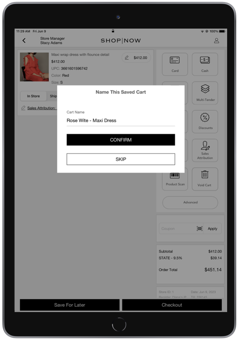 The POS app shows the dialog for naming a saved cart.