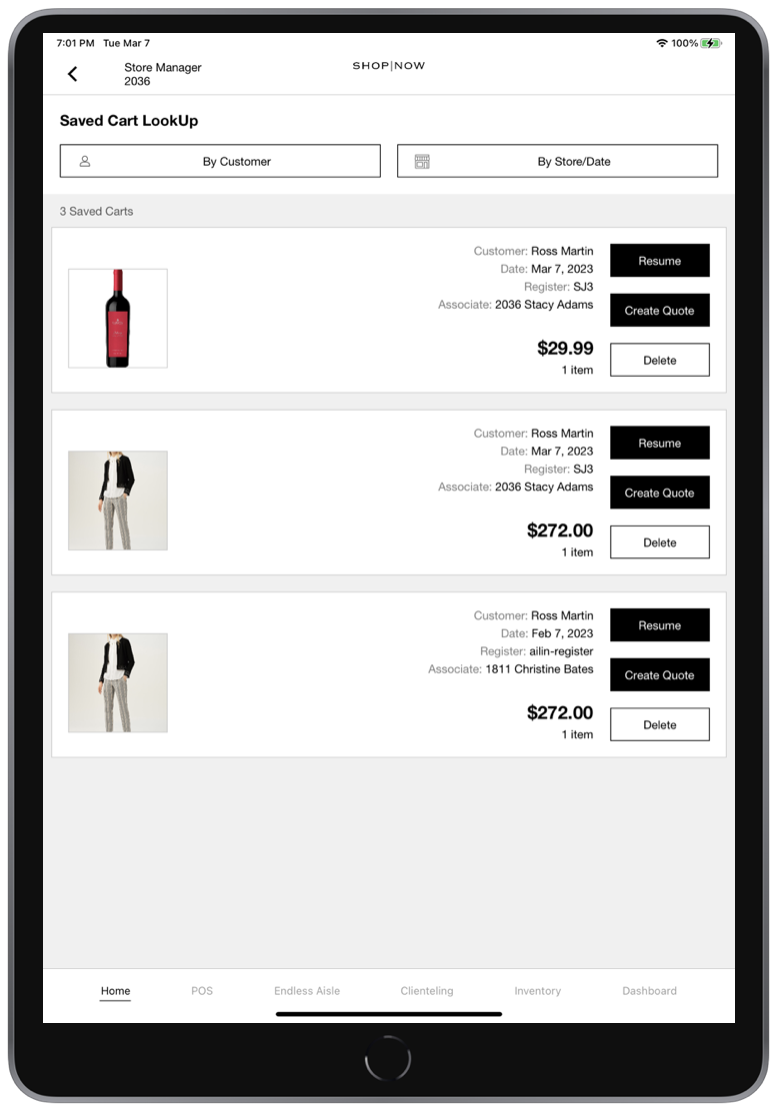 The POS app showed a list of saved carts.