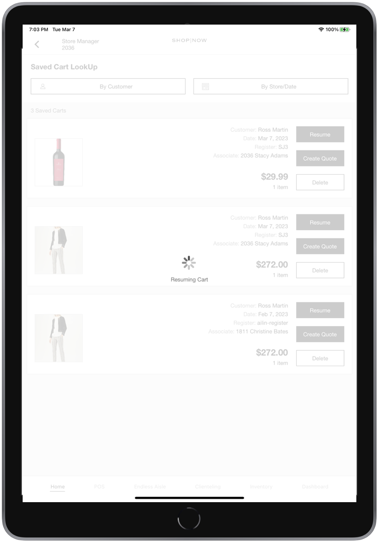 The POS app shows a saved cart being restored.