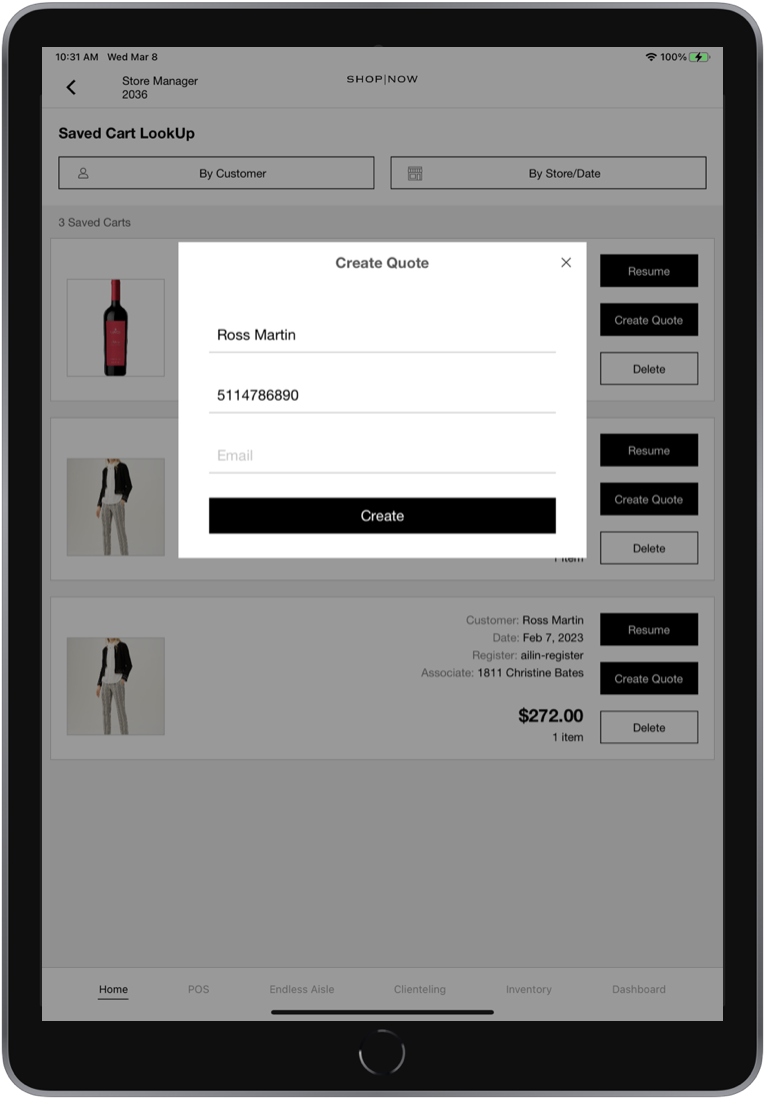 The POS app shows the dialog to create a quote.