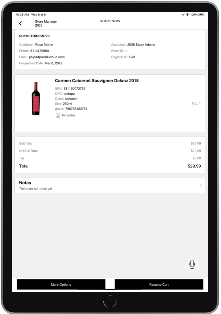 The POS app shows a quote created from a saved cast.