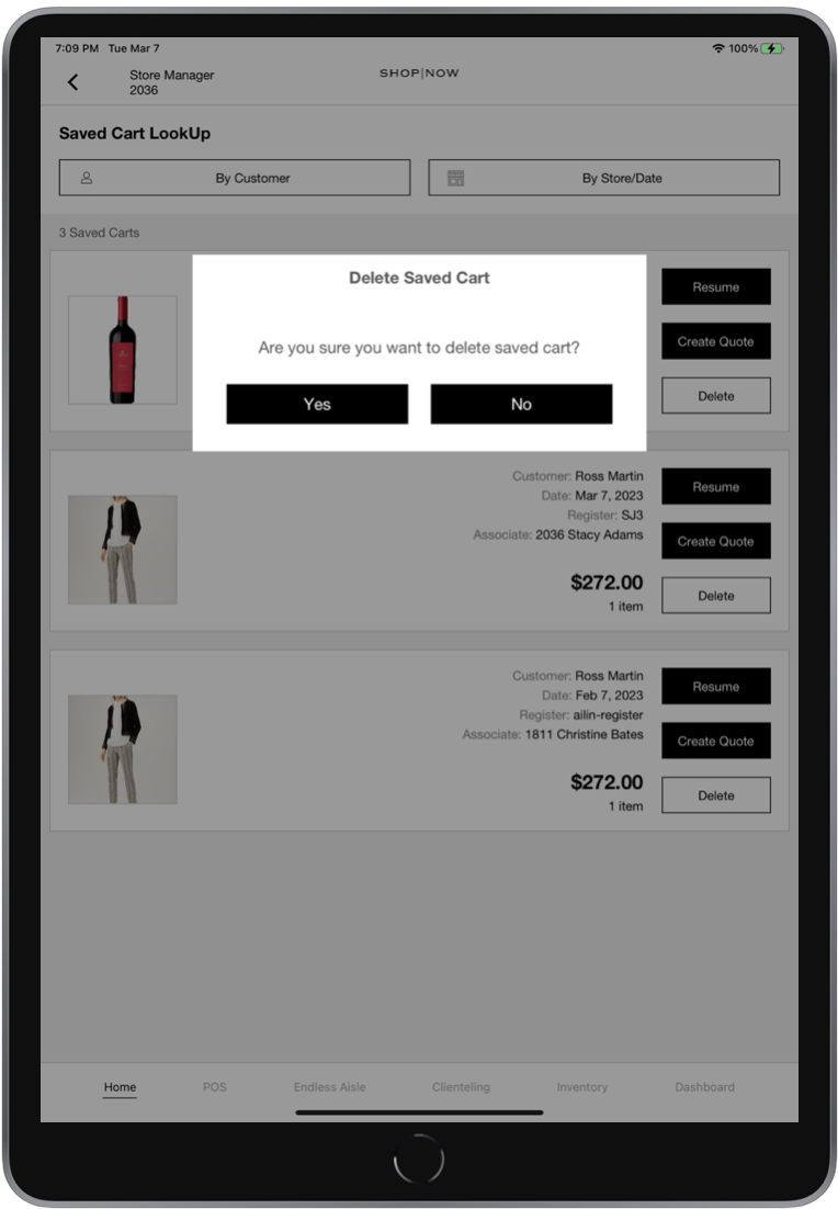 The POS app shows the dialog to confirm the deletion of a saved cart.