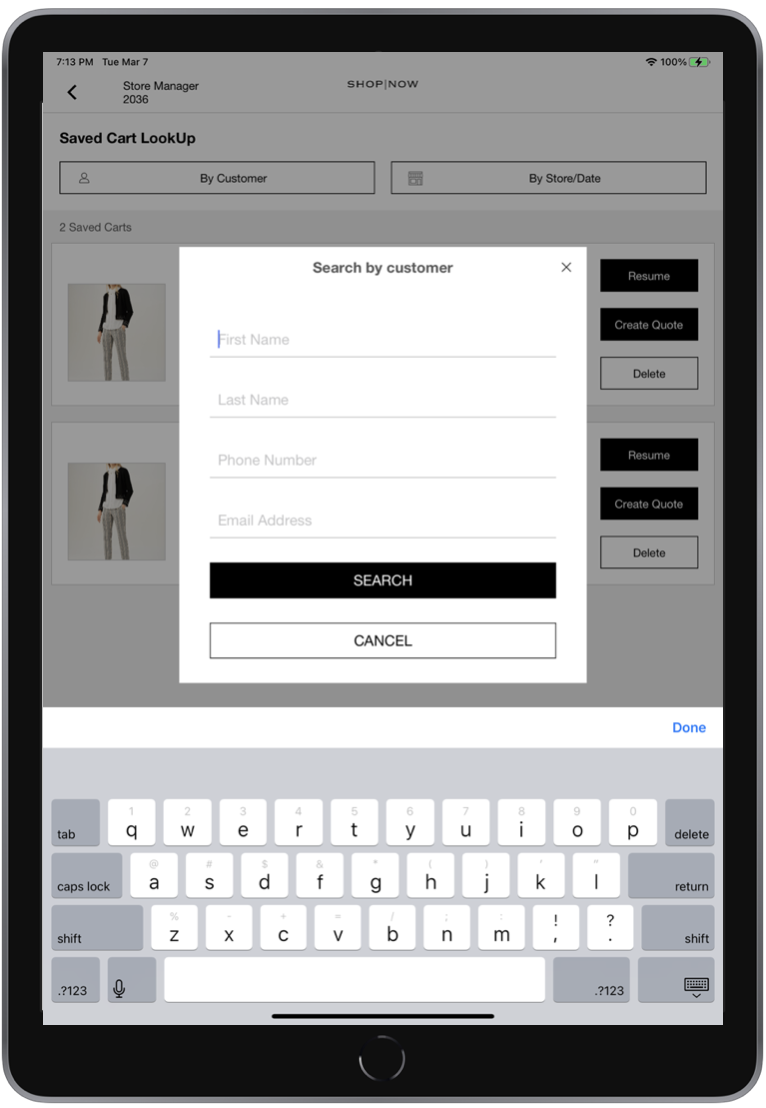 The POS app shows the search by customer dialog for filtering carts.