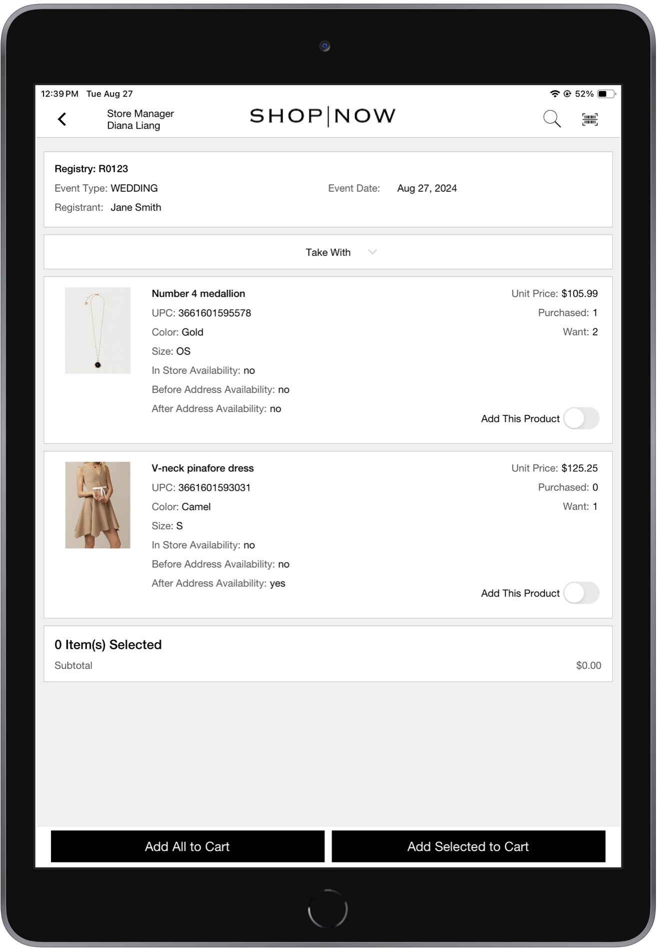 The POS app shows a list of products in a registry.