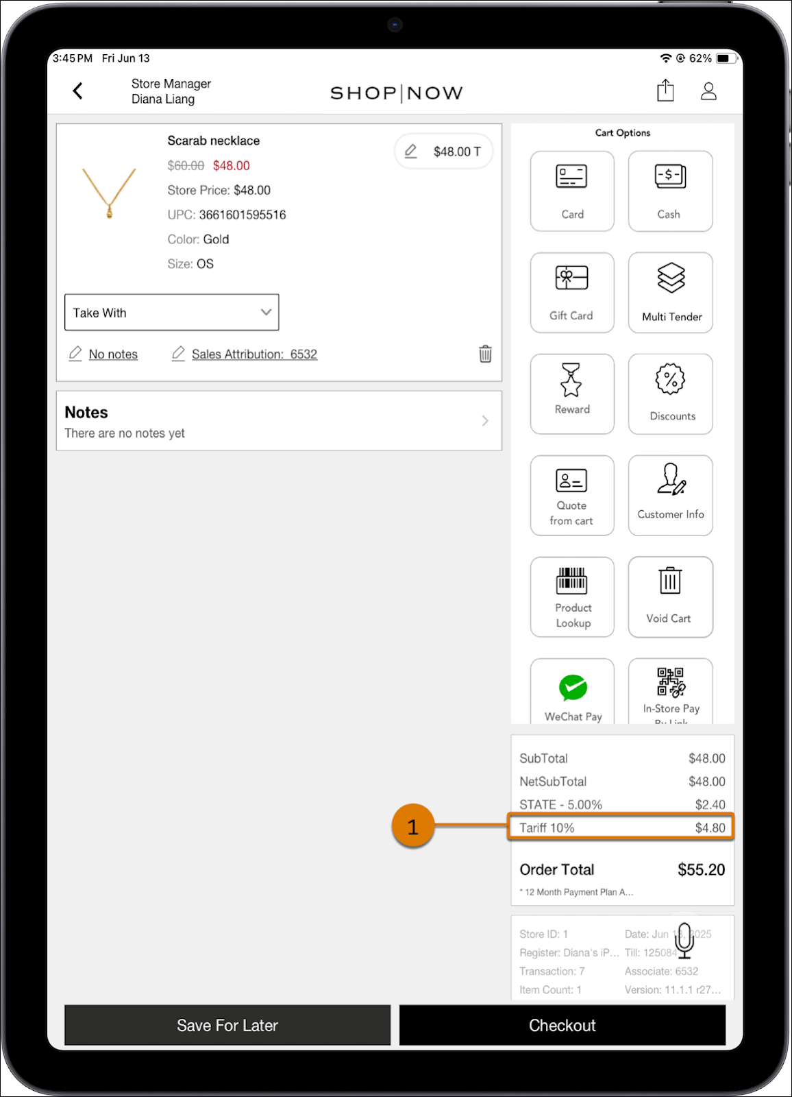 The POS app shows a tariff surcharge on an order.