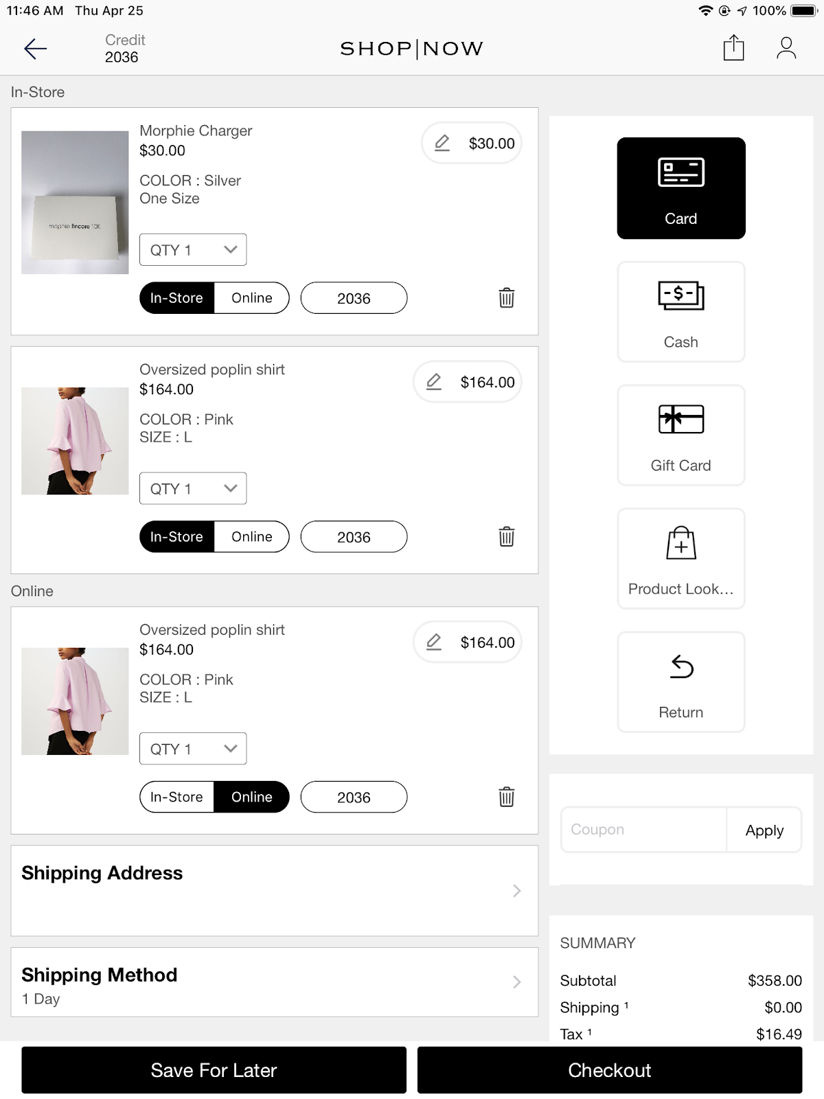The POS app shows attribution of items to credit 2036.