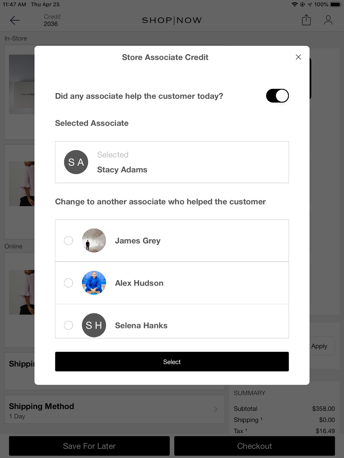 The POS app shows the dialog for selecting associates to credit.