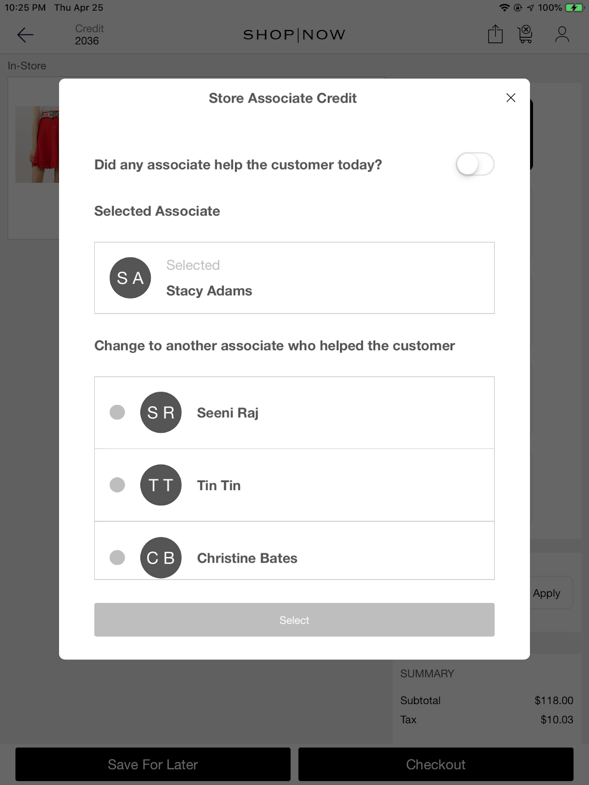 The POS app shows the store associate credit interstitial with the option did any associate help the customer today turned off.