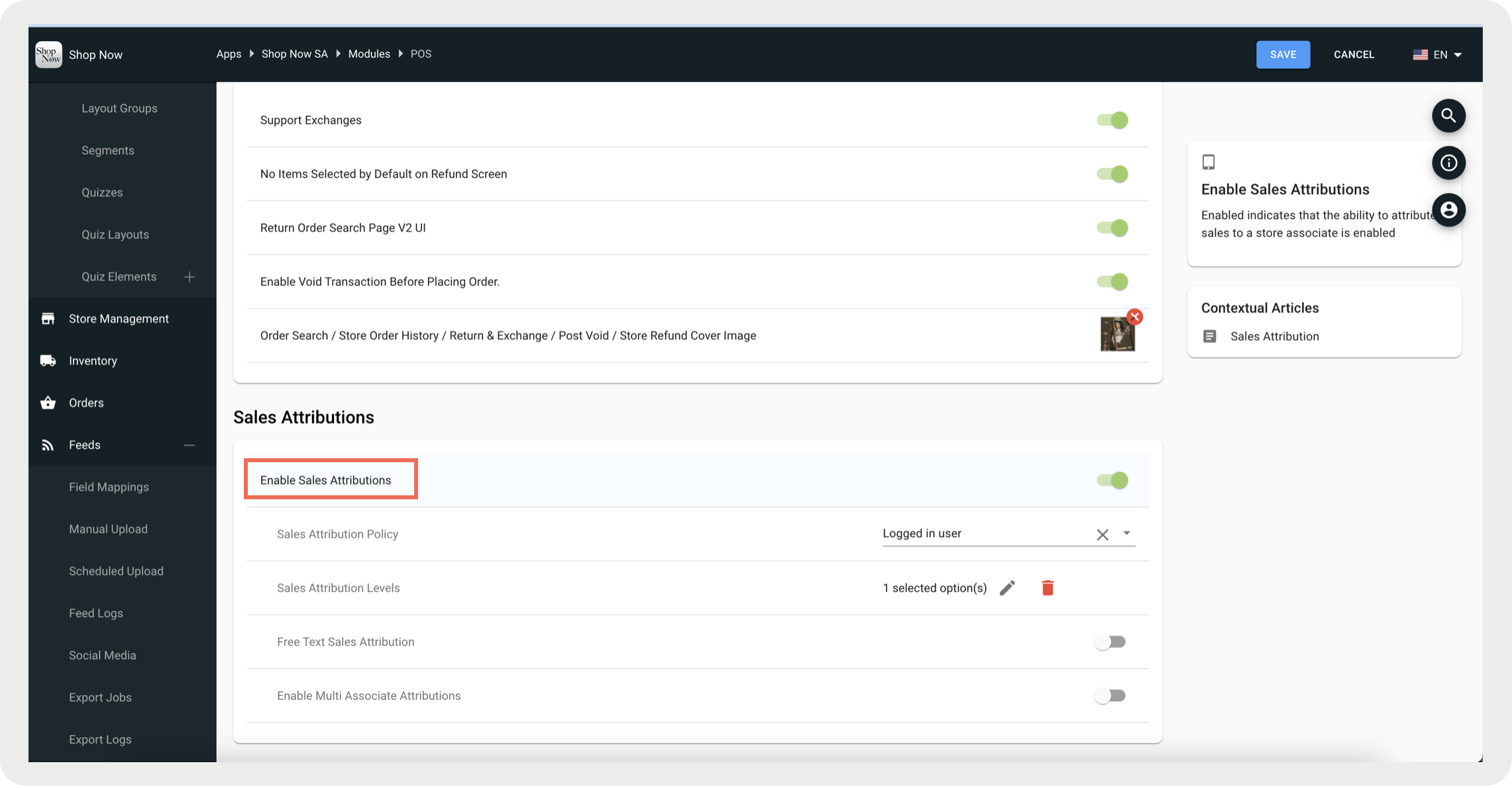 The CMS shows the enable sales attributions option.