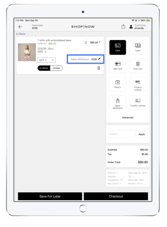 The POS app highlighting the attribution for a sale.