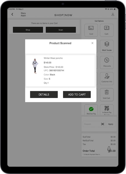 THe Product Scanned window in the POS app.
