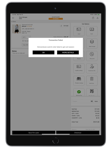 A Transaction Failed message window with the option to see more details in the POS app.