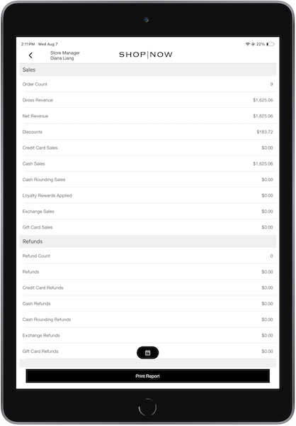 The Reconciliation Report showing in the POS app.