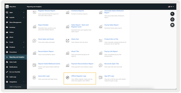 The Offline Register Logs option in the Reporting and Analytics section of Retail Cloud CMS.