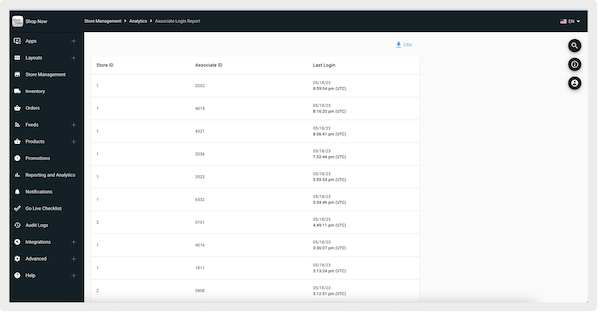 The Assocaite Login Report screen in Point of Sale CMS.