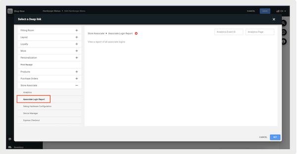 The Associate Login Report deep link screen in Point of Sale CMS.