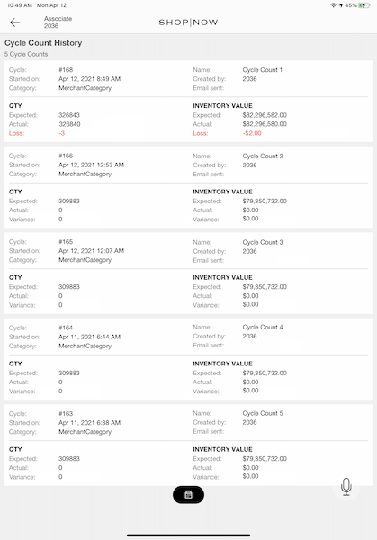 The Cycle Count History as seen in the POS app.