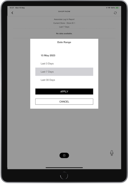 The Data Range window in the POS app, where you select how far back to filter the report.