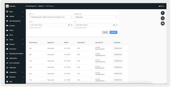 The log details screen of the Reports section in Point of Sale CMS.