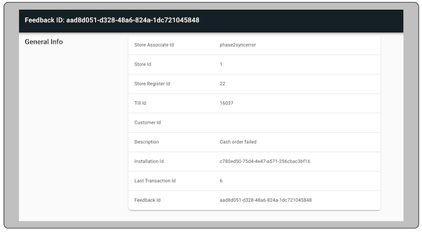 Feedback details showing for an error in Point of Sale CMS.