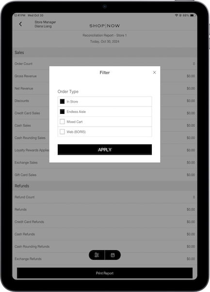 Select the Order Type of filters to show in the POS app.