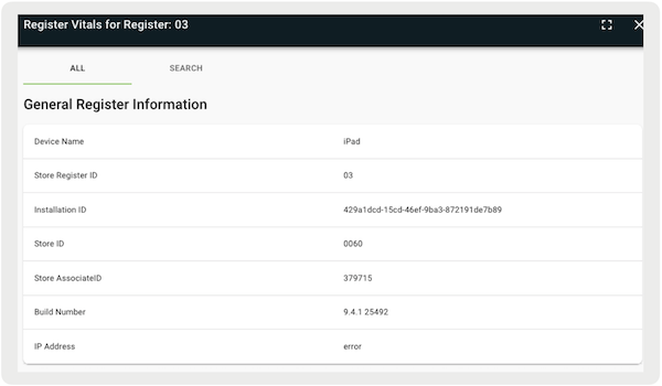 Genreal Register Information showing in Retail Clould CMS.