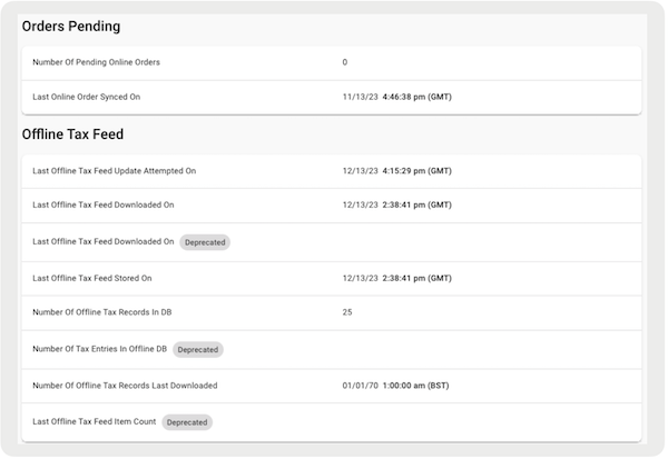 Offline orders pending and a list of offline tax feeds showing in Point of Sale CMS.