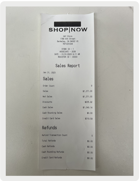 The Reconciliation Report as shown on a printed receipt.