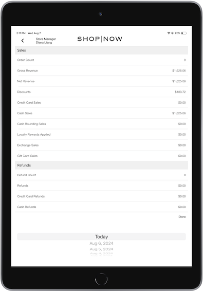 Filtering the Reconciliation Report in the POS app.