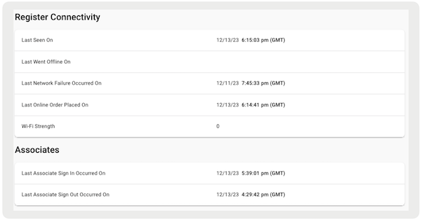 See Register Connectivity reports in Point of Sale CMS.