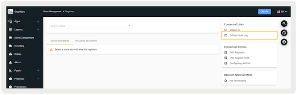 The Offline Vitals Logs option in the Registers section of Point of Sale CMS.