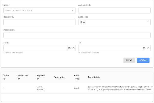 Select a date from which to view crash reports in Point of Sale CMS.