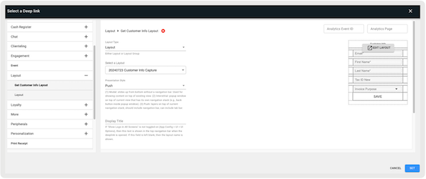 The Select a Deep Link section of Point of Sale CMS, where you go to Get Customer Info Layout.