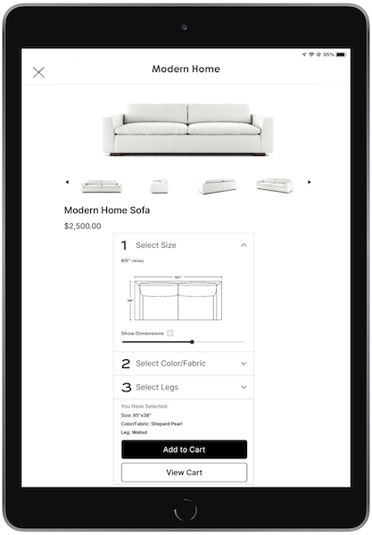 The POS app showing a window where you select a product size and then select Add to Cart.