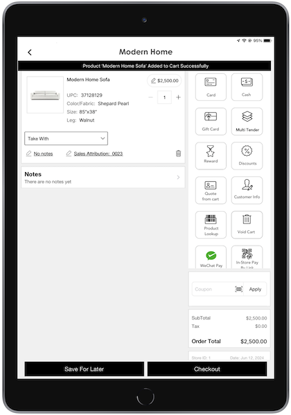 An item added successfully to the cart in the POS app.