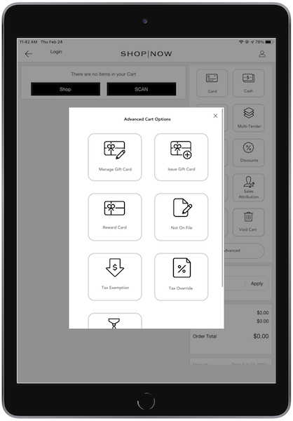 The Advanced Cart Options window with a group of advanced option tiles in the POS app.