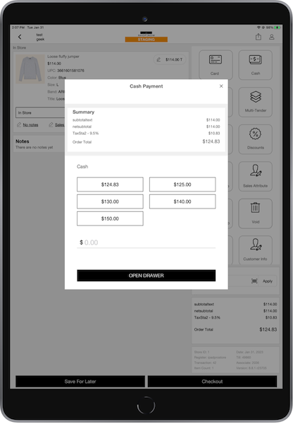 The Cash Payment window in the POS app.
