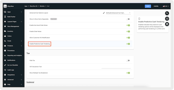 The Cart screen in the CMS, where you turn on Enable Predictive Cash Tendering.