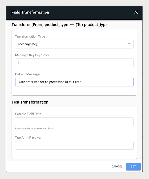 The Field Transformations section of Custom Messages in Point of Sale CMS.