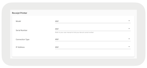 The Receipt Printer section in Point of Sale CMS, where you select the connection type via dropdown.