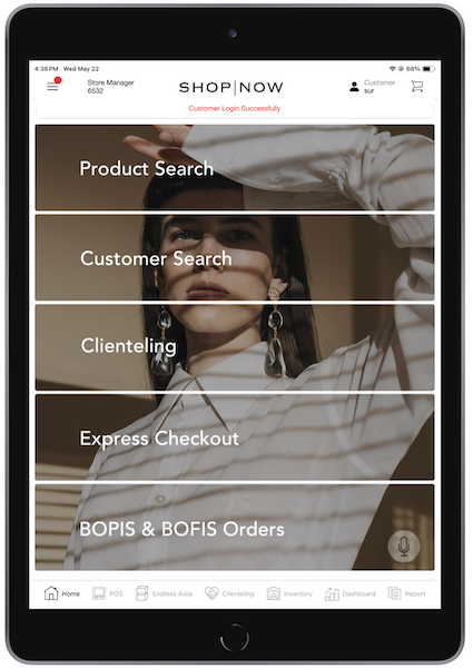 The Home Page on the POS app where a message that says the customer logged in successfully appears at the top.