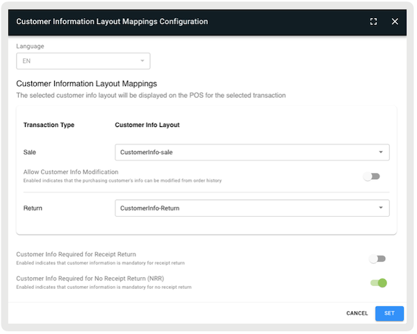 The Customer Information Layout Mappings Configuration section of Point of Sale CMS with the No Receipt Return setting turned on.