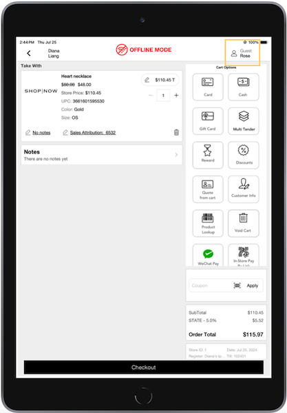 The POS app offline and in Guest Mode, with an item in the cart.