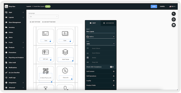The Create New Layout section of Point of Sale CMS, where you create a custom cart layout.