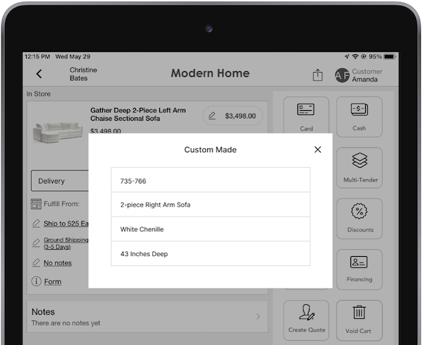 The Form window in the POS app, showing the custom product's SKU and other attributes.
