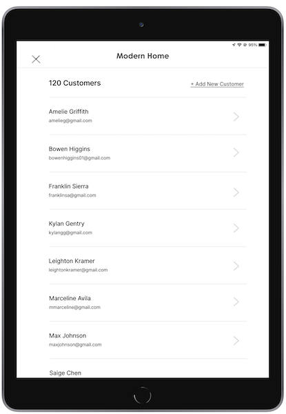 A list of customers on the Modern Home webpage in the POS app where you can select a customer, triggering the Customer Selected command.
