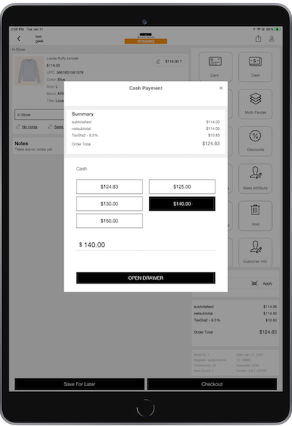 The Cash Payment window in the POS app with a cash amount automatically selected.